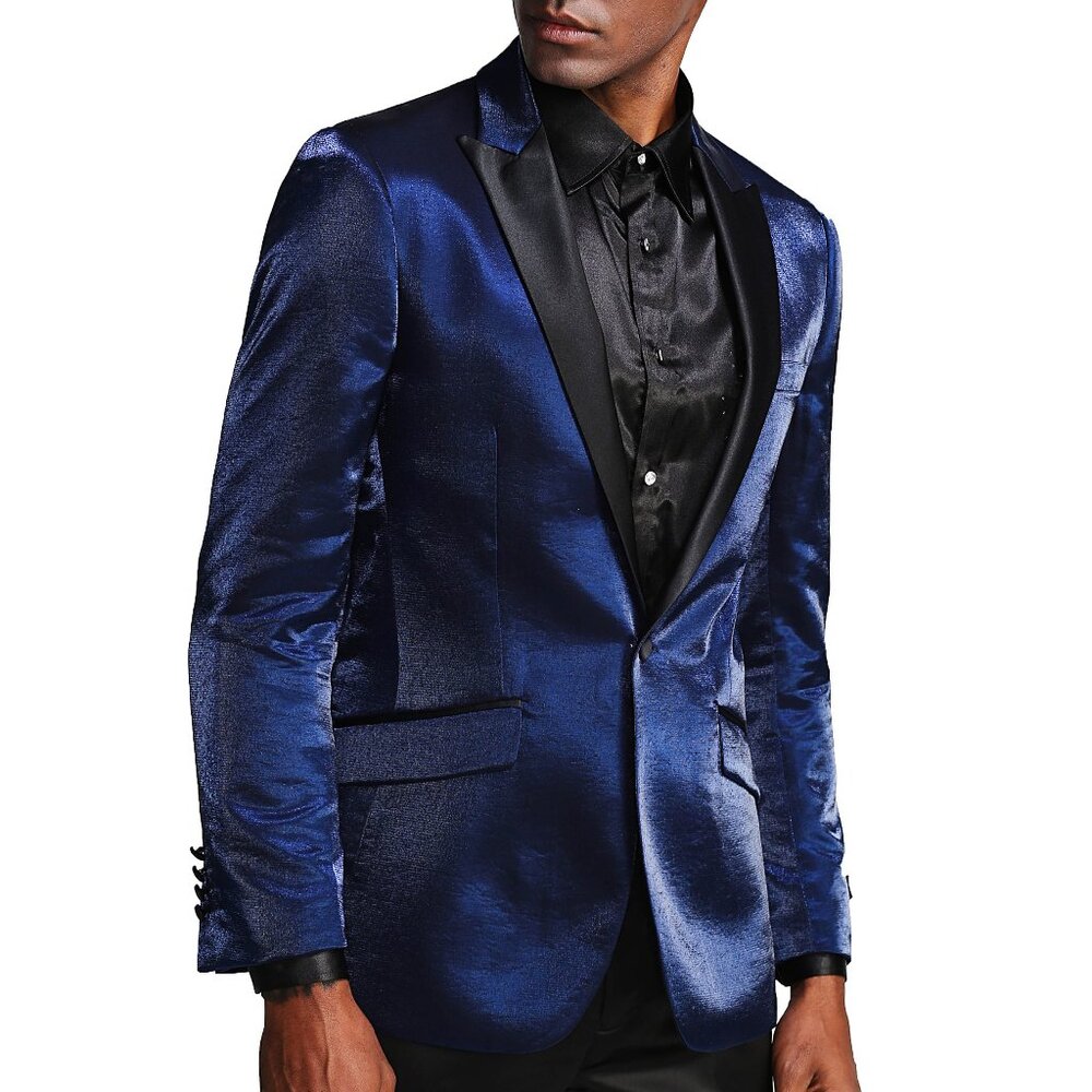 Satin Blue With Black Satin Peak Lapel Men's Jacket